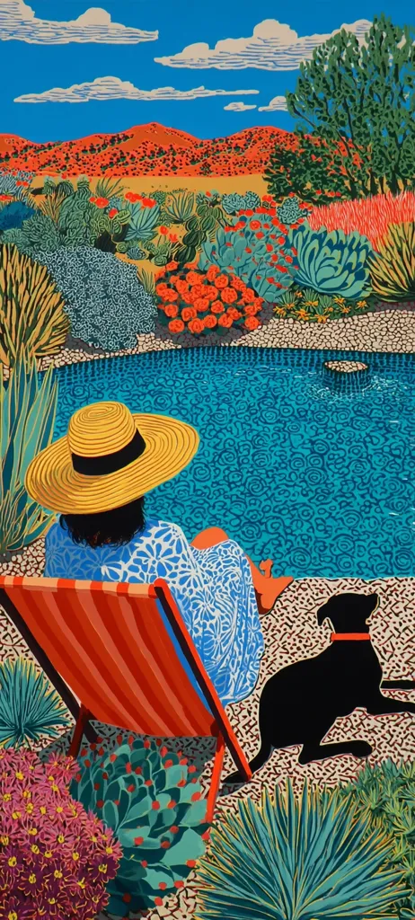 A vibrant illustration depicts a woman relaxing in a striped deck chair by a turquoise pool. She wears a large sunhat and a patterned dress.  A black dog lies near her.  The setting is a lush desert garden, with colorful succulents and cacti framing a backdrop of red-hued mountains under a bright blue sky. The style is bold and graphic, with strong outlines and flat colors.