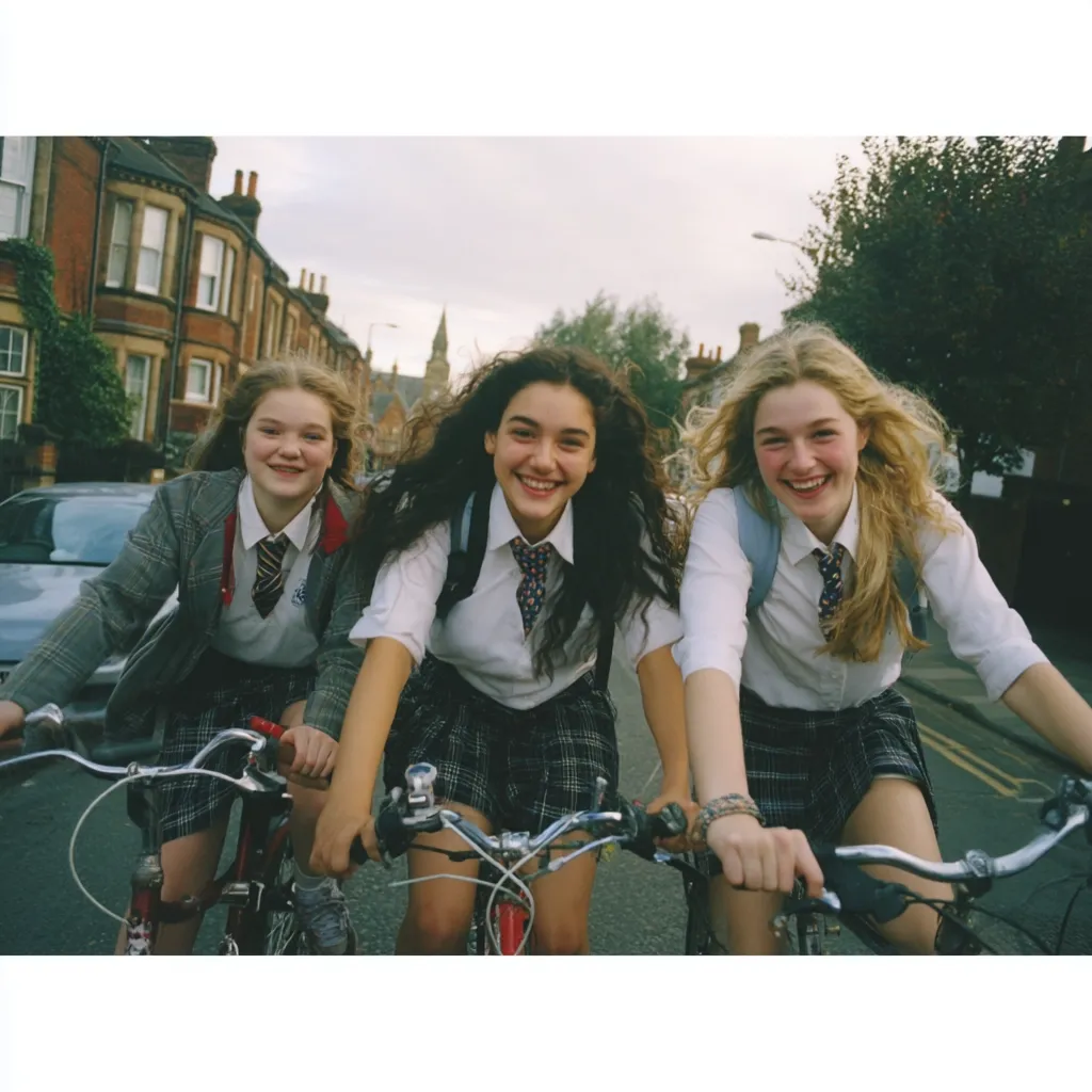 Three cheerful schoolgirls in uniforms ride bicycles down a residential street.  They are smiling broadly, enjoying their ride. The girls wear plaid skirts and white shirts with ties.  A row of brick houses lines the street in the background, adding to the quaint setting.  The overall mood is lighthearted and joyful.