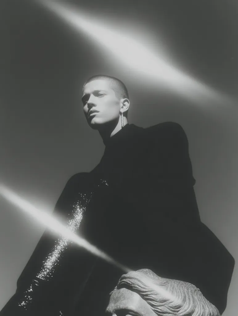 A black and white, dramatic portrait of a young person with a shaved head, wearing a dark, sequined garment.  Intense light streaks across the image, creating a strong contrast and highlighting the subject's androgynous features. They are positioned above a partially visible classical sculpture, adding an element of timeless juxtaposition. The overall mood is stark and stylish.