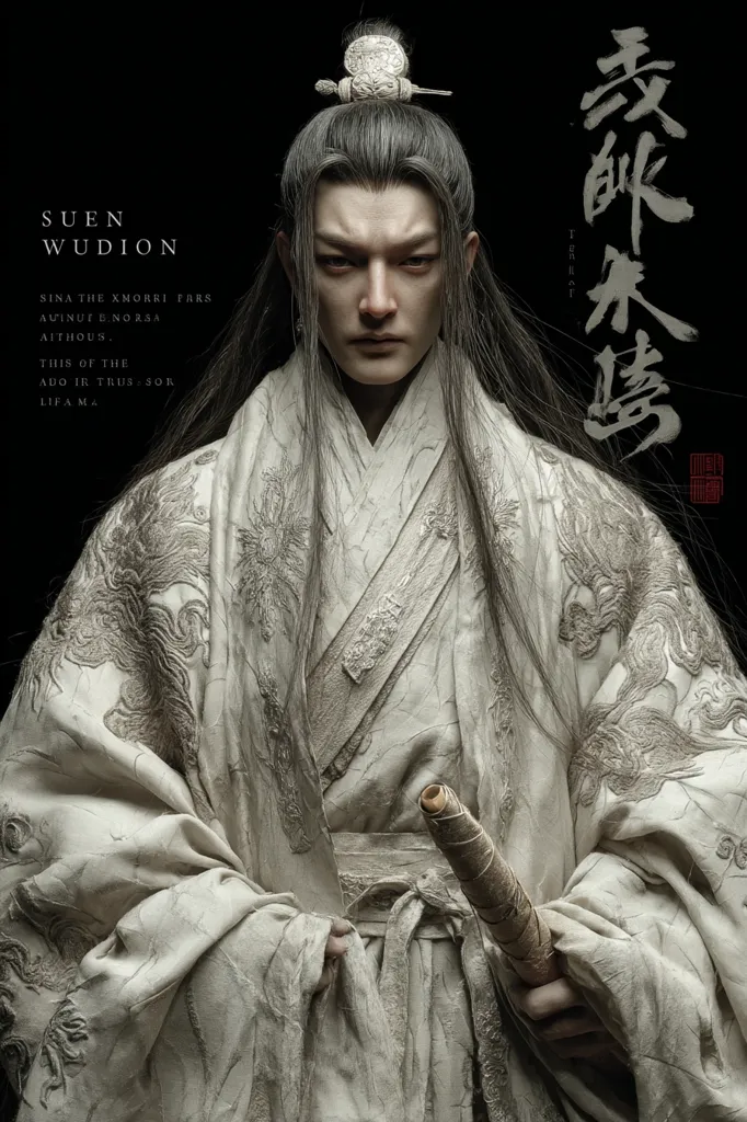 A monochromatic portrait showcases Suen Wudion, adorned in an intricately embroidered, off-white robe.  His long dark hair is neatly styled, and he holds a rolled object, possibly a scroll or a weapon, in his hands. The background features stylized Chinese calligraphy, adding to the image's artistic and possibly historical context. The overall mood is serious and elegant.