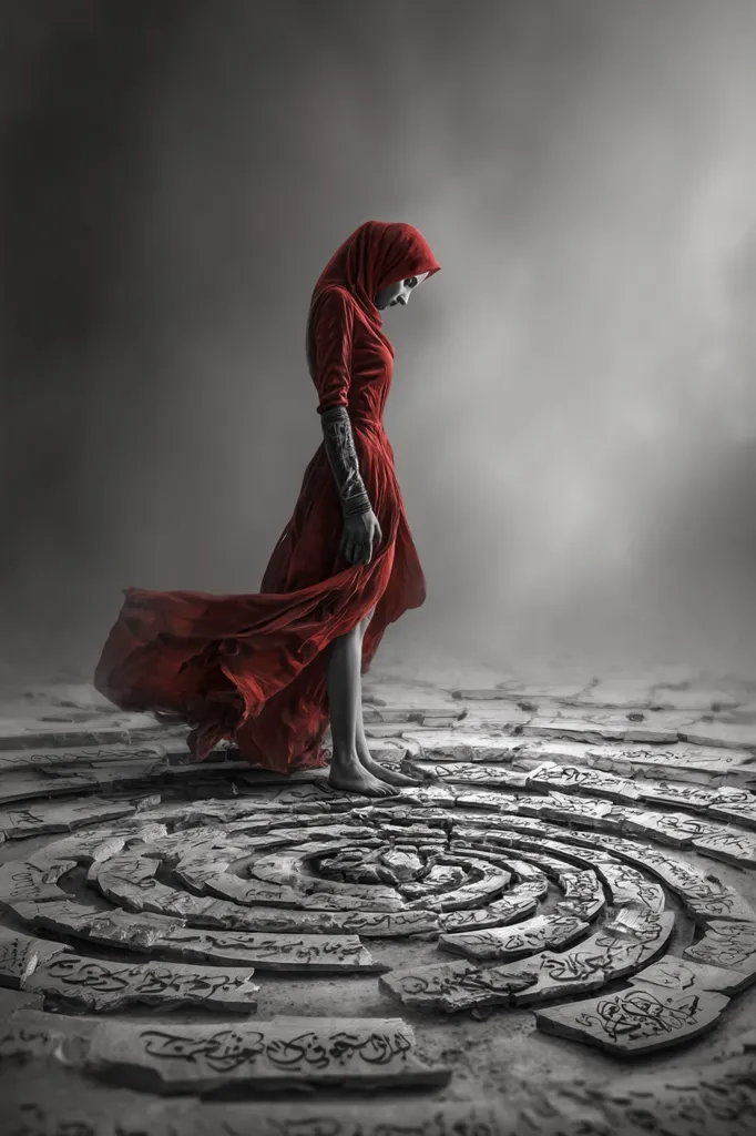 A woman in a flowing red dress and hood stands pensively on a circular, cracked stone pavement.  The ground is etched with indecipherable script, contrasting with the vibrant red of her clothing.  The overall monochrome palette emphasizes the woman and her attire, creating a dramatic and mysterious atmosphere. Her barefoot stance suggests vulnerability and connection to the ancient ground.