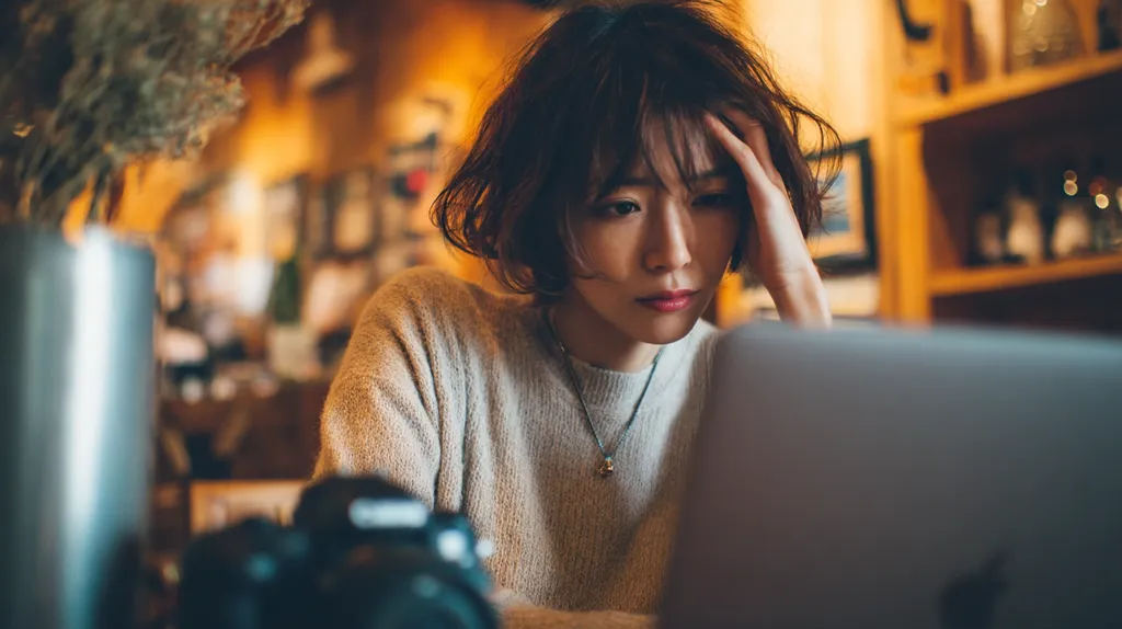 A young woman with short, dark hair sits in a cafe, her hand on her forehead, looking intently at a laptop.  She wears a light beige sweater and a delicate necklace. The setting is warm and dimly lit, with a blurred background suggesting a cozy atmosphere.  Her expression appears concerned or stressed. A camera is partially visible in the foreground.