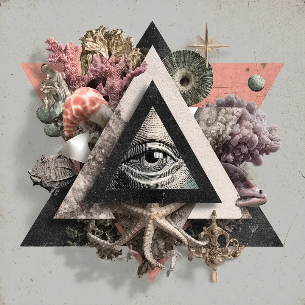 A digital collage features the Eye of Providence within a black triangle, overlaid on a larger geometric triangle.  Surrounding it are various sea creatures and coral, rendered in muted pastel tones and sepia, creating a surreal, otherworldly aesthetic.  Geometric shapes and a gold ornate piece add to the complex and layered composition.  The overall effect is mystical and enigmatic.