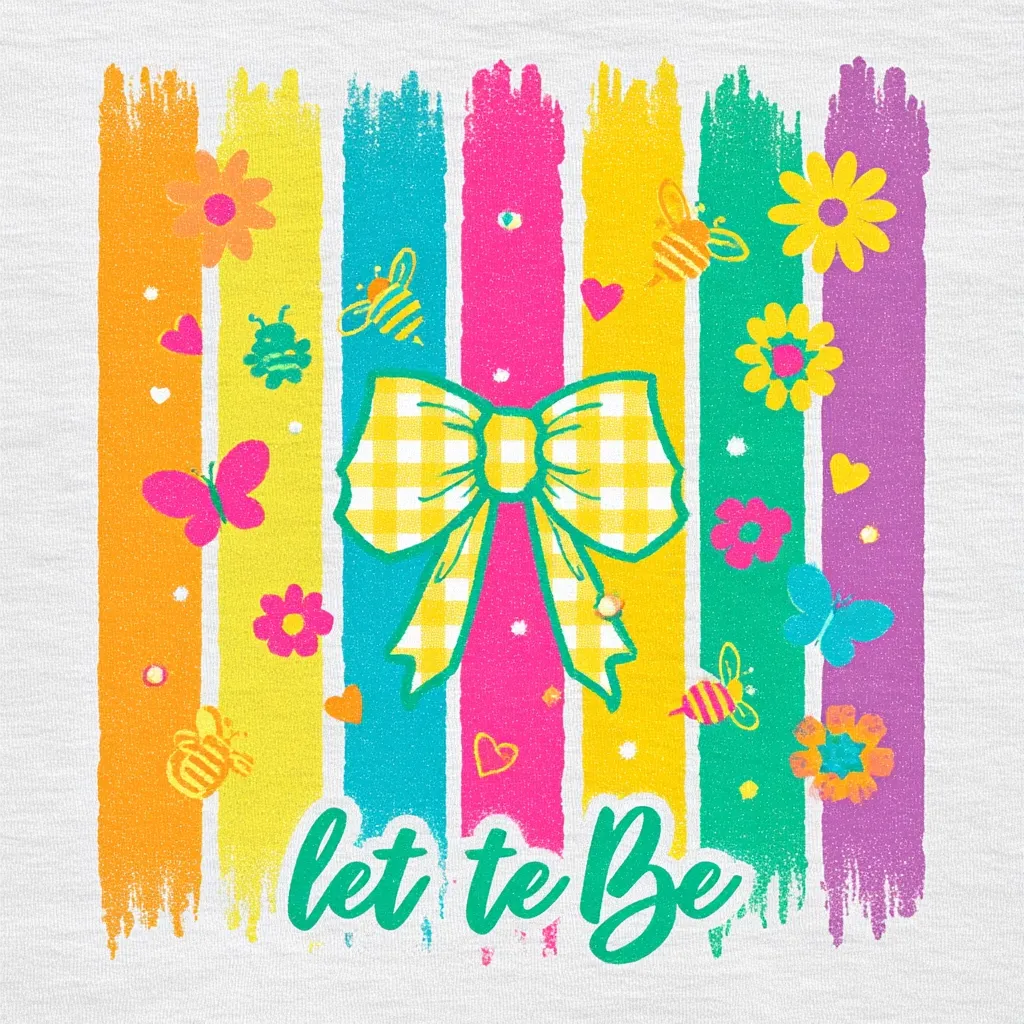 A cheerful design features vibrant rainbow stripes, adorned with a yellow gingham bow at the center.  Butterflies, bees, and flowers are scattered amongst the stripes, adding to the whimsical feel.  The phrase "let te Be" is written below in a playful green script.  The overall style is bright, playful, and feminine, suggesting a child's clothing item or decorative print.