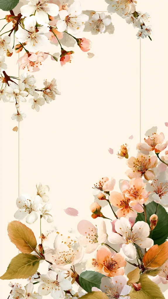 A cream-colored background is adorned with a delicate arrangement of cherry blossoms.  White and peach-colored blooms, rendered in a watercolor-like style, frame a central blank space.  The blossoms are richly detailed, showing individual petals and stamens.  Leaves in muted gold and green tones enhance the floral composition, creating a visually appealing and elegant design.