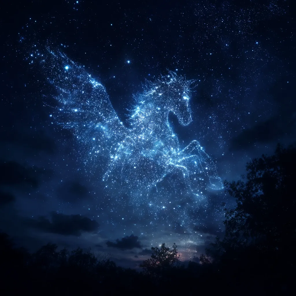 A majestic winged horse, formed from glittering constellations, soars across a night sky brimming with stars.  The ethereal creature, possibly Pegasus, is depicted in shades of blue, contrasting beautifully with the dark silhouettes of trees along the horizon. The scene evokes a sense of wonder and magic, a celestial dream painted across the heavens.