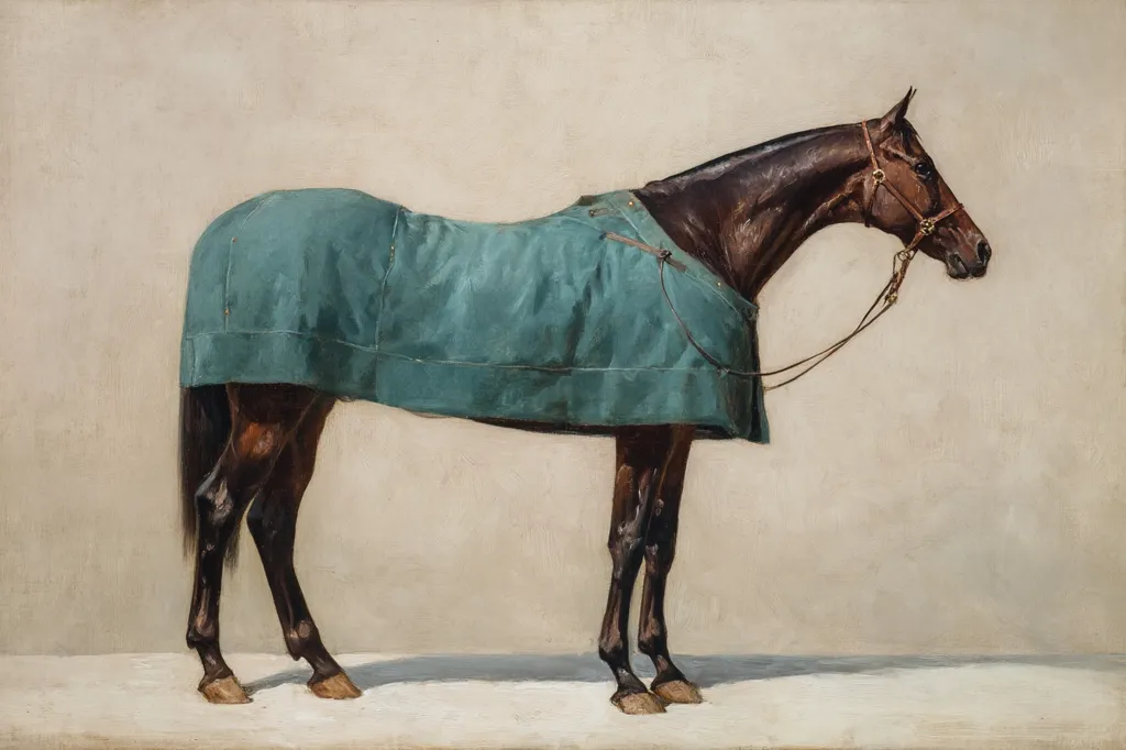 A painting of a dark brown horse wearing a teal horse blanket.  The horse stands in profile view against a muted beige background, its head slightly turned.  The horse is elegantly depicted, with fine detail in its coat and musculature. The blanket drapes smoothly over its body. The overall style is realistic with a focus on the horse's form and the muted tones of the scene.
