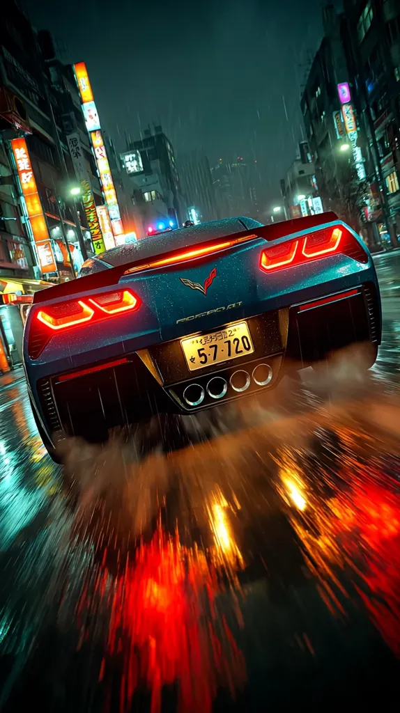 A teal Corvette speeds through a rain-soaked, neon-lit city street at night.  The rear taillights blaze brightly, creating streaks of red light against the wet asphalt.  Japanese characters are visible on the license plate and surrounding buildings, suggesting an Asian urban setting.  The blurry motion conveys a sense of speed and excitement.  A police car is faintly visible in the background.