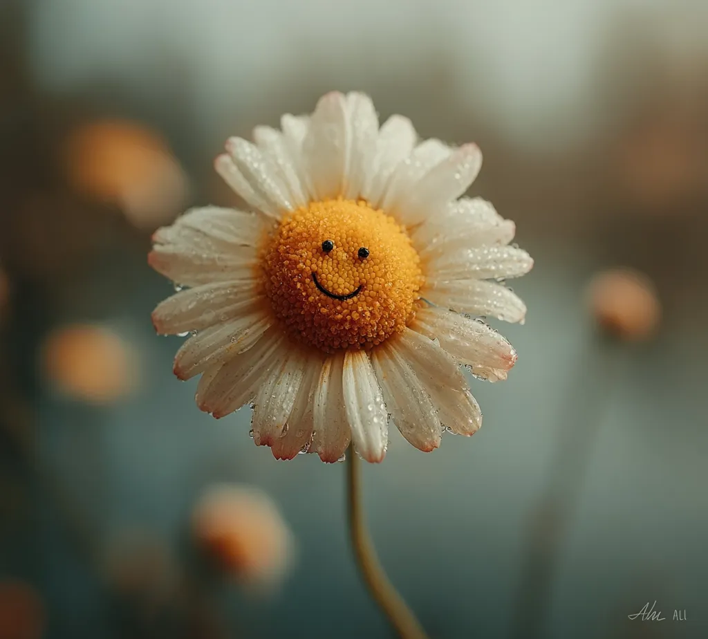 A single daisy, adorned with tiny water droplets, stands in focus against a blurred background of other daisies.  Its yellow center is uniquely marked with a hand-drawn smiley face, creating a cheerful and whimsical image. The soft lighting and muted background enhance the flower's delicate beauty and playful expression.