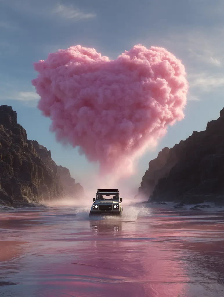 A Land Rover Defender drives through shallow, pink water between dark cliffs.  Above, a massive, heart-shaped cloud of cotton candy pink fills the sky. The scene is surreal and dreamy, suggesting a romantic or whimsical adventure. The contrast between the rugged vehicle and the soft, romantic cloud creates a striking visual effect.