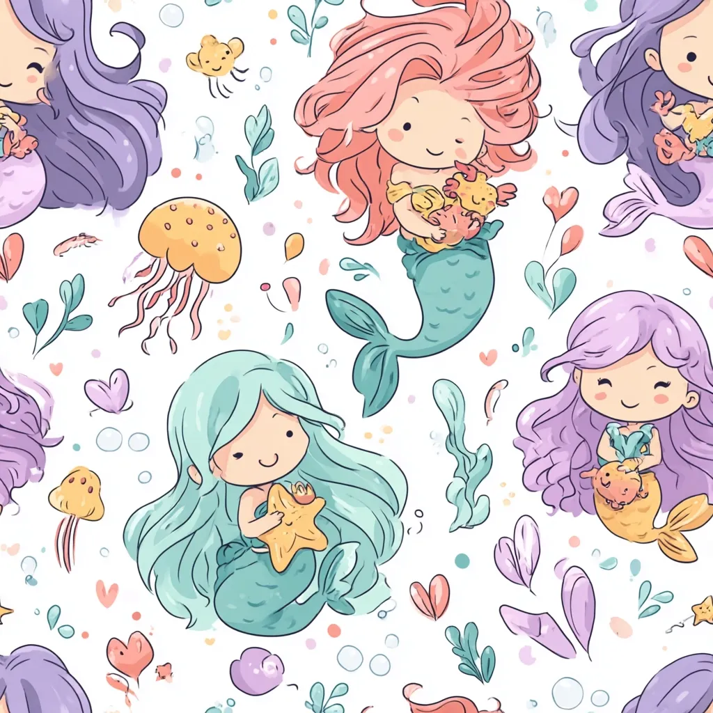 A whimsical seamless pattern features adorable cartoon mermaids with pastel-colored hair and tails.  Each mermaid holds a sea creature, surrounded by jellyfish, hearts, seaweed, and other ocean elements. The lighthearted design is perfect for children's products or whimsical backgrounds. The overall style is cute and charming, with a soft color palette.