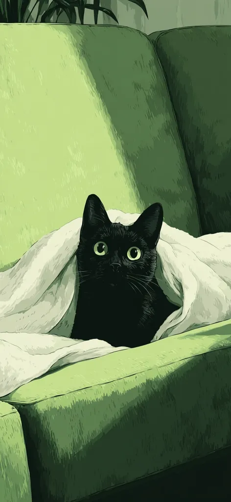 A black cat with striking green eyes peeks out from under a light beige blanket nestled on a sage green couch.  The cat's fur is sleek and dark, contrasting sharply with the muted tones of its surroundings. A hint of sunlight illuminates the scene, adding a calming atmosphere. The image conveys a sense of quiet comfort and domestic tranquility.
