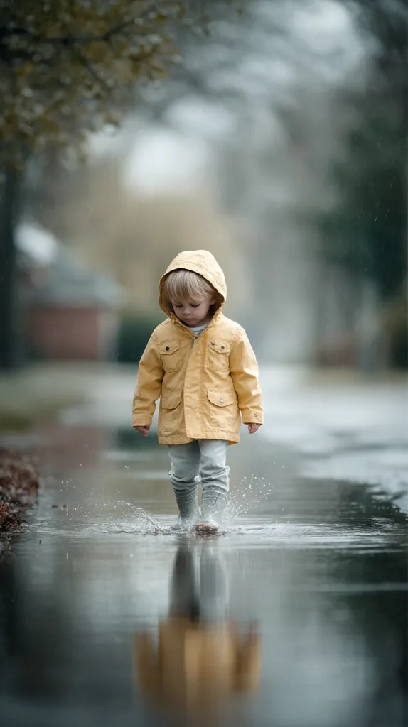 A young child, wearing a yellow raincoat and light grey boots, splashes through a puddle on a rainy day.  The child's reflection is visible in the still water of the puddle. The background is blurred, showing a grey, overcast sky and out-of-focus trees and houses. The overall mood is peaceful and slightly melancholic.