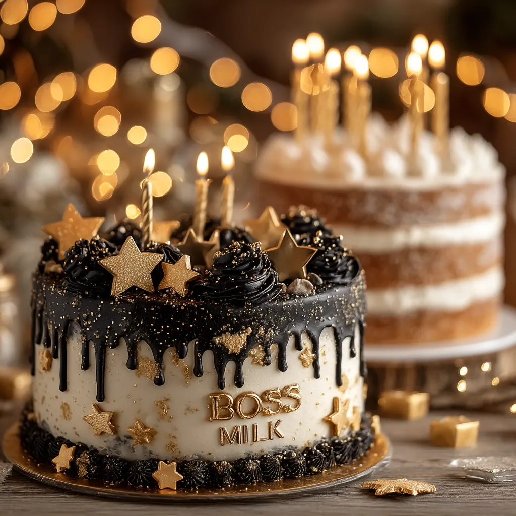 A decadent two-tiered cake sits on a wooden table, adorned with gold stars and candles. The foreground features a smaller, black-and-gold cake with "Boss Milk" written on it, dripping with dark chocolate ganache.  A larger, lighter-colored cake is blurred in the background, both set against a warm, bokeh-filled backdrop suggesting a celebratory atmosphere.  The overall aesthetic is luxurious and festive.