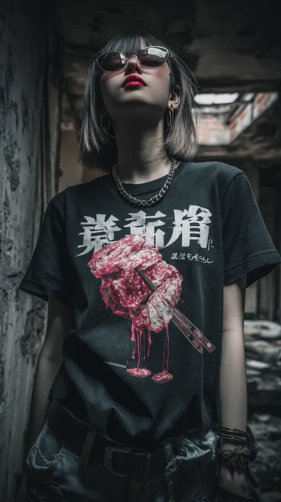 A young woman with short, dark hair and sunglasses stands in a dimly lit, grunge setting. She wears a black t-shirt featuring a graphic print of bloody meat and Japanese characters, paired with dark jeans and a chunky silver necklace.  Her red lipstick contrasts with her dark attire and the overall moody atmosphere of the photograph.  The image evokes a rebellious, edgy aesthetic.