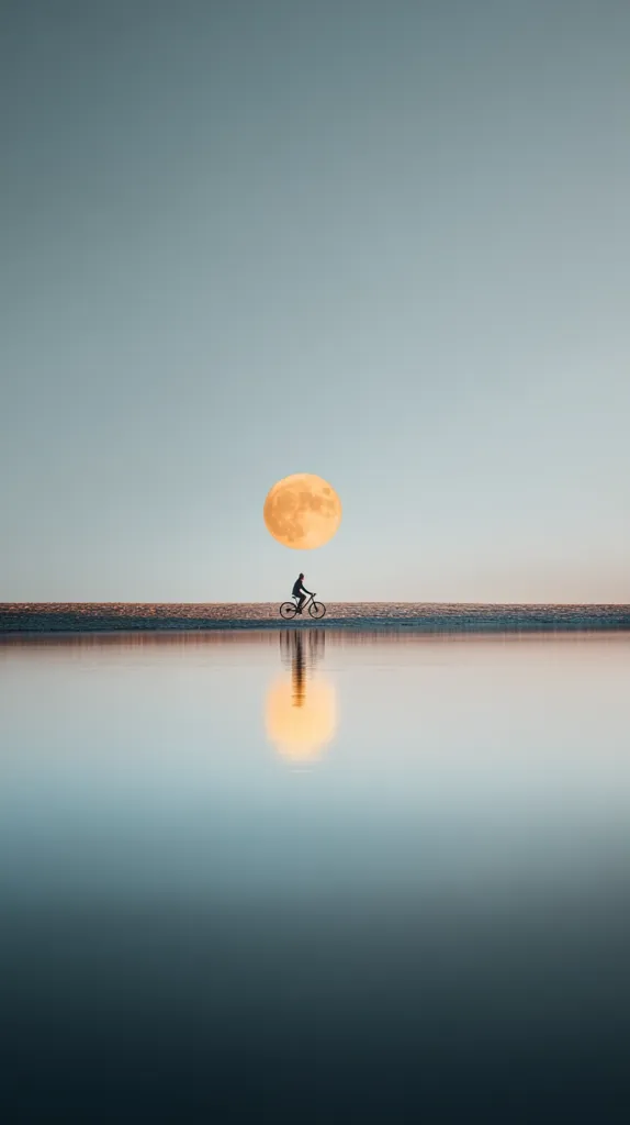 A lone cyclist pedals along a calm, flat landscape under a large, orange-hued moon.  The scene is mirrored perfectly in the still water below, creating a serene and symmetrical composition. The sky is a soft, muted blue, enhancing the peaceful atmosphere of the image. The overall effect is one of tranquility and solitude.