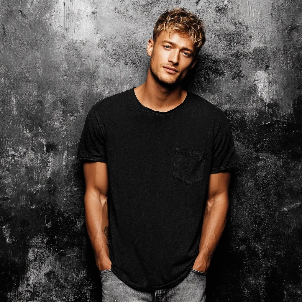A young man with light blond, textured hair stands against a dark, textured wall. He's wearing a simple black t-shirt with a small pocket and light grey jeans, his hands casually in his pockets.  His expression is serious and direct, his gaze meeting the camera. The overall mood is cool and slightly brooding.