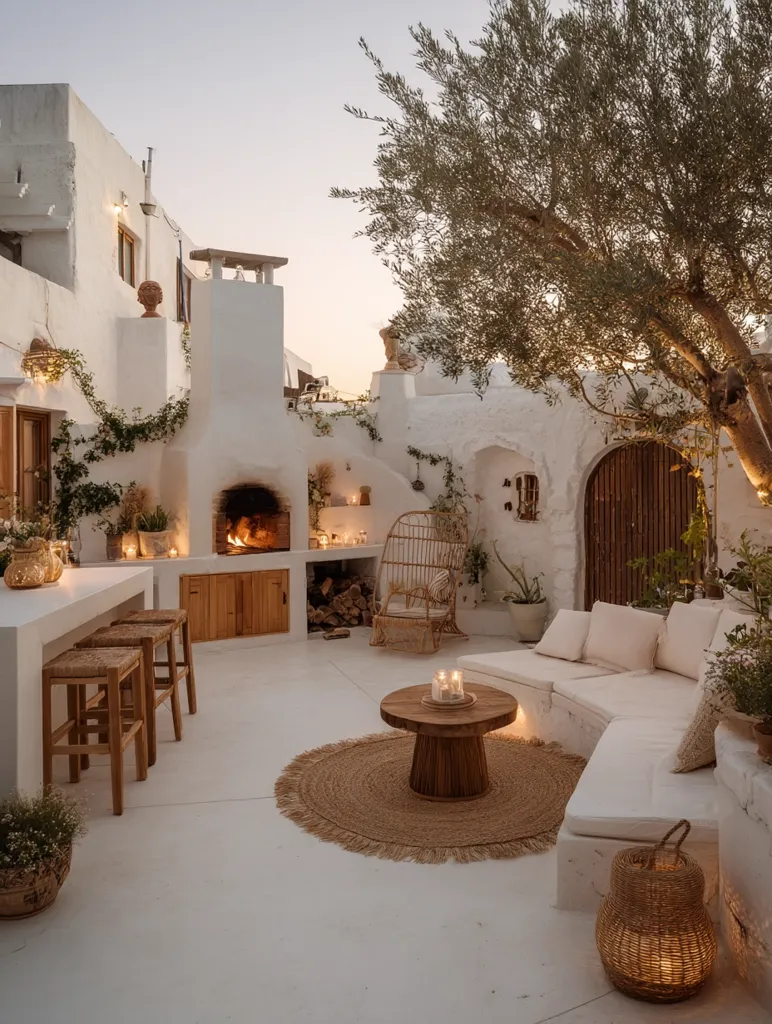 A serene outdoor patio, bathed in the soft glow of twilight, features a built-in wood-fired oven,  wooden bar stools, and a curved white sofa.  A woven rug anchors a low wooden coffee table with candles.  The space is enveloped by whitewashed walls, lush greenery, and a mature olive tree, creating a tranquil Mediterranean ambiance.  Natural light and warm lighting enhance the peaceful atmosphere.