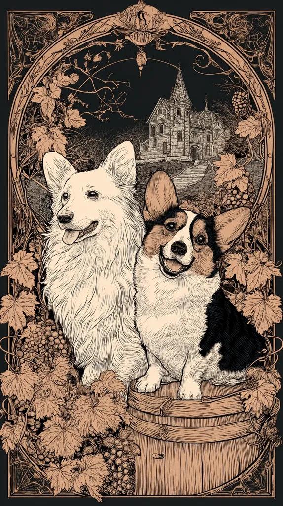 An art nouveau-style illustration features two corgis, one white and one black and white, perched on a wooden barrel amidst grapevines.  A gothic-style mansion sits in the background, under a dark, twilight sky.  The image is detailed with intricate linework and sepia tones, creating a vintage, slightly spooky aesthetic. The ornate frame complements the overall design.