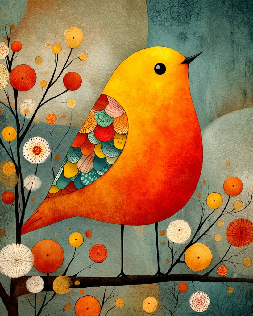 A vibrant, stylized bird, predominantly orange and yellow, perches on a branch adorned with whimsical, colorful flowers.  The bird's wing features a patchwork of teal, red, and yellow circles. The background is a muted teal with hints of brown and orange, creating a dreamlike, artistic atmosphere.  The overall style is reminiscent of children's book illustration.