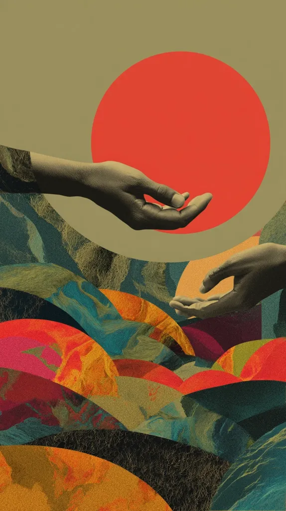 Two outstretched hands reach towards each other against a backdrop of a large, vibrant red circle resembling a sun.  The hands are dark-toned, contrasting with the warm, earthy tones of the abstract landscape below.  The hills and valleys are depicted in a collage style, with varied colors and textures creating a sense of depth and movement. The overall mood is one of connection and hope, suggesting a meeting or exchange.