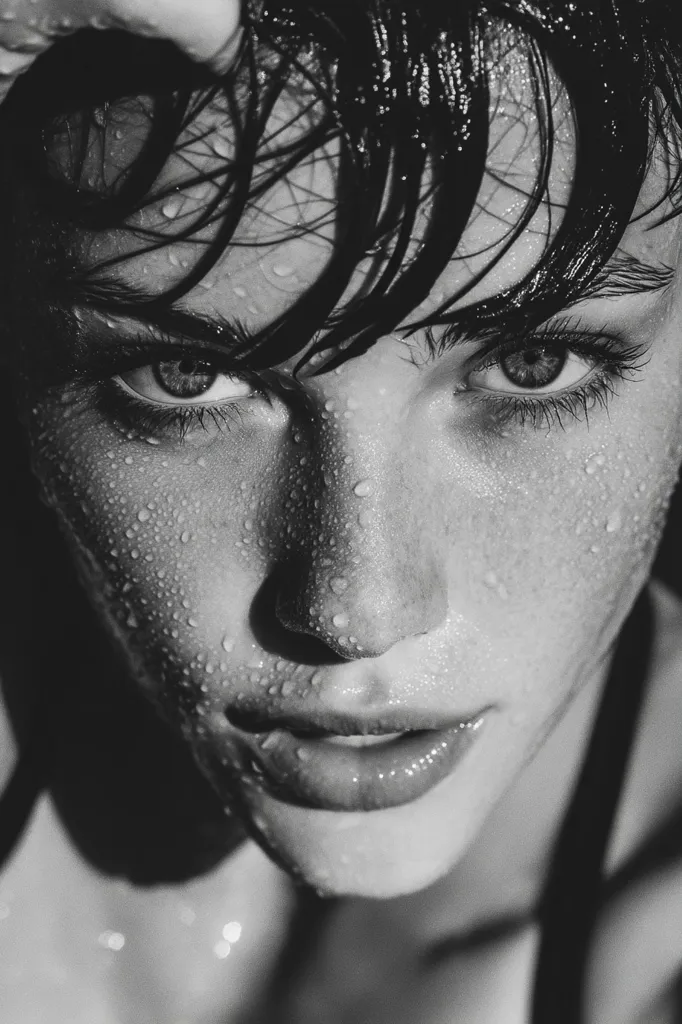 A close-up black and white portrait of a person's face, wet with water droplets.  Their dark, wet hair hangs over their forehead, partially obscuring their eyes.  The image emphasizes the texture of their skin and the glistening water. Their expression is intense and somewhat mysterious. The lighting is dramatic, creating shadows and highlights that accentuate the features.