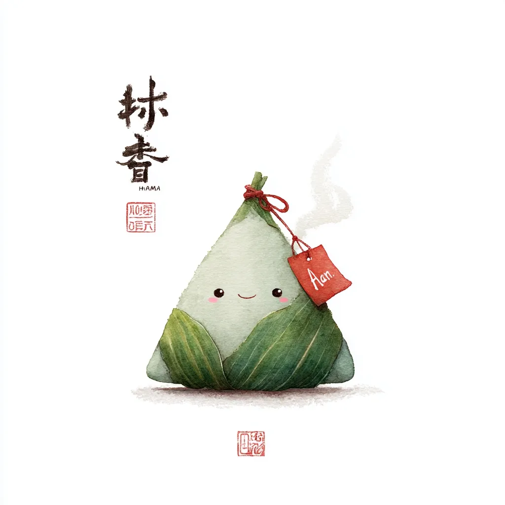 A charming watercolor illustration depicts a zongzi, a traditional Chinese rice dumpling, with a cute, smiling face.  The zongzi is wrapped in green leaves and tied with red string, bearing a small tag that reads "Aan."  Chinese characters above suggest "Fragrant Rice," and a small seal is visible at the bottom. The style is delicate and whimsical.