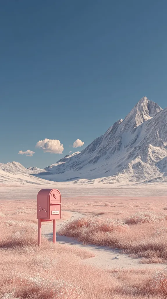 A pastel pink mailbox stands alone in a field of pale pink grass, a desolate yet serene landscape.  A snow-capped mountain range dominates the background under a clear, light blue sky.  The scene evokes a feeling of quiet solitude and unexpected beauty.  The contrast between the vibrant pink and the muted natural tones is striking.