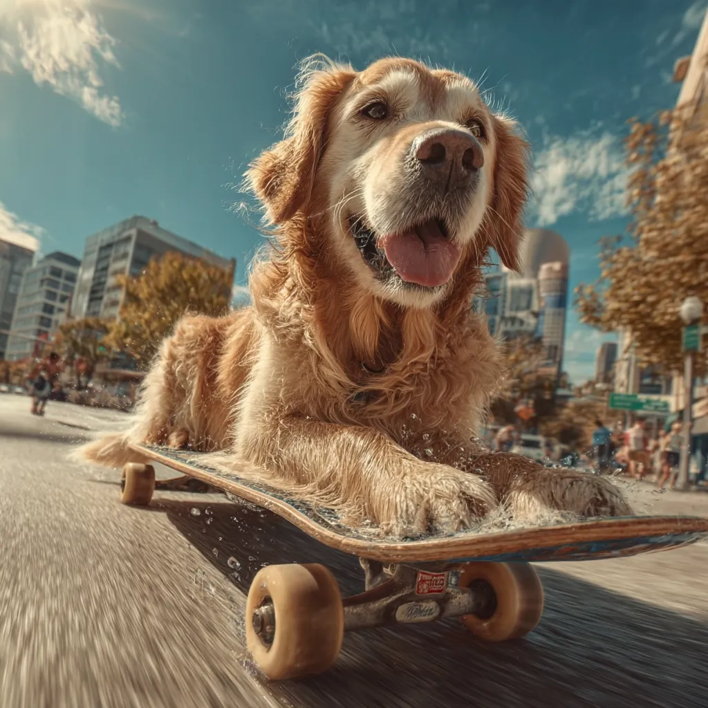A golden retriever dog lies on a skateboard, cruising down a city street on a sunny day.  The dog's tongue hangs out, appearing happy and relaxed.  The background is blurred, showcasing city buildings and pedestrians, creating a sense of motion and speed.  Water droplets are visible on the dog and skateboard, suggesting recent activity.  The overall image is vibrant and playful.