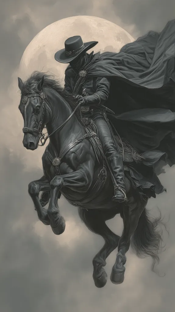 A lone figure, cloaked in black and wearing a wide-brimmed hat, rides a powerful black stallion against a backdrop of a full moon and cloudy sky.  The horse appears to be leaping, its muscular form dynamic and the rider's silhouette mysterious. The monochrome palette enhances the dramatic and almost ethereal atmosphere of the artwork. The overall impression is one of power, mystery, and freedom.