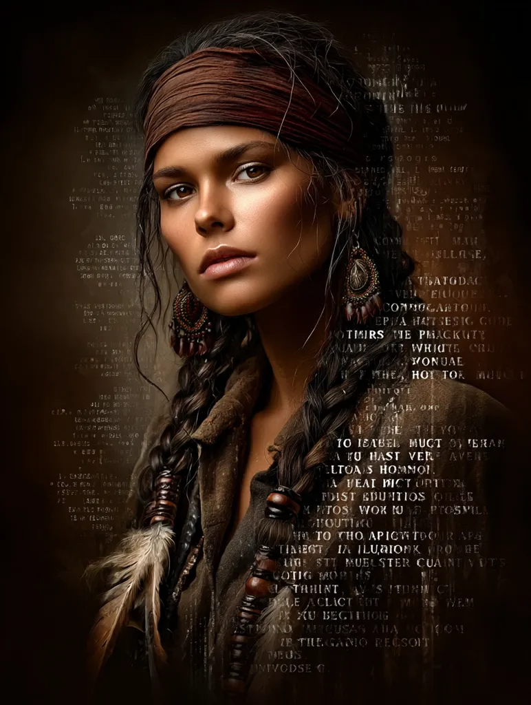 A portrait of a woman with tan skin and dark hair styled in a braid adorned with beads. She wears a brown headband and earrings, and a dark jacket.  A feather is visible near her braid. The background is dark and textured with overlaid text, creating a mystical and slightly mysterious atmosphere.  Her expression is serious and captivating.
