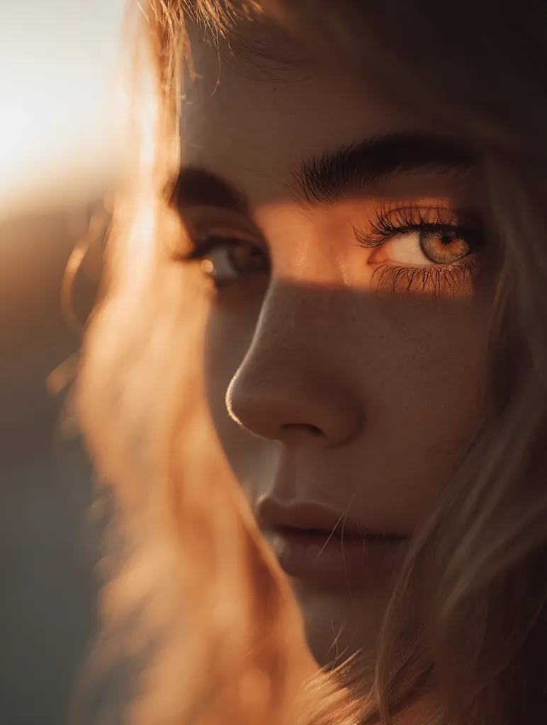 Close-up of a young woman's face, partially obscured by her blonde hair.  Golden sunlight illuminates her features, casting a shadow across one eye and highlighting her soft skin and subtle freckles.  Her gaze is directed slightly away, creating a pensive and mysterious mood.  The image emphasizes natural beauty and the warm glow of sunset.