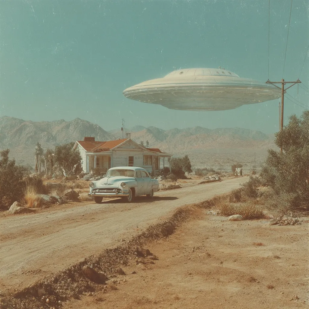 A vintage-styled image depicts a classic car parked on a dusty road in front of a weathered house.  A UFO hovers silently in the sky above the desolate desert landscape, creating a surreal and mysterious scene. The muted color palette and textured effect enhance the retro feel, evoking a sense of otherworldly encounter in a remote setting.  The mountains in the background complete the arid landscape.