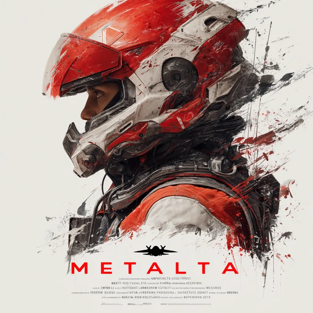 A stylized poster for the film "METALTA" features a profile view of a pilot wearing a heavily damaged, red and white futuristic helmet.  The image is splashed with paint strokes and debris, suggesting action and intensity.  The helmet's design is intricate, showcasing technological detail. The overall style is gritty and cinematic, hinting at a science fiction or action story.