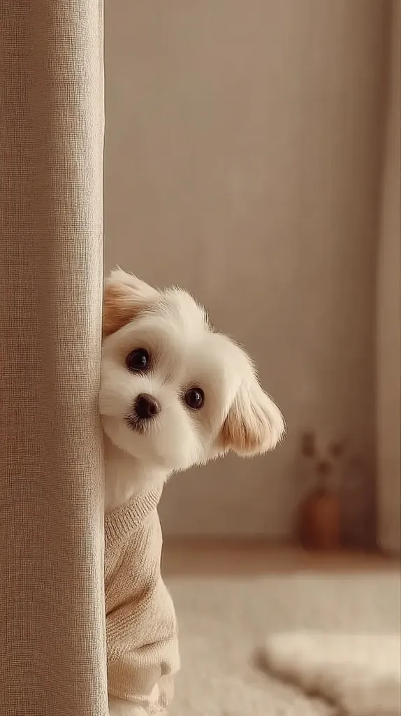 A fluffy white puppy, wearing a beige sweater, peeks from behind a beige curtain.  Its large, dark eyes and adorable expression are captivating. The background is blurred, showcasing a muted, warm color palette. The overall image evokes feelings of warmth, comfort, and cuteness.