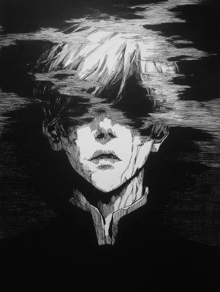 A black and white ink drawing depicts a person with short hair, their face partially obscured by a chaotic, textured overlay suggesting digital distortion or a glitch effect.  The style is reminiscent of woodcut or etching, with heavy use of line and shadow.  The individual's expression appears melancholic or distressed, emphasized by the stark contrast and the fragmented imagery surrounding their head. The overall mood is dark and unsettling.