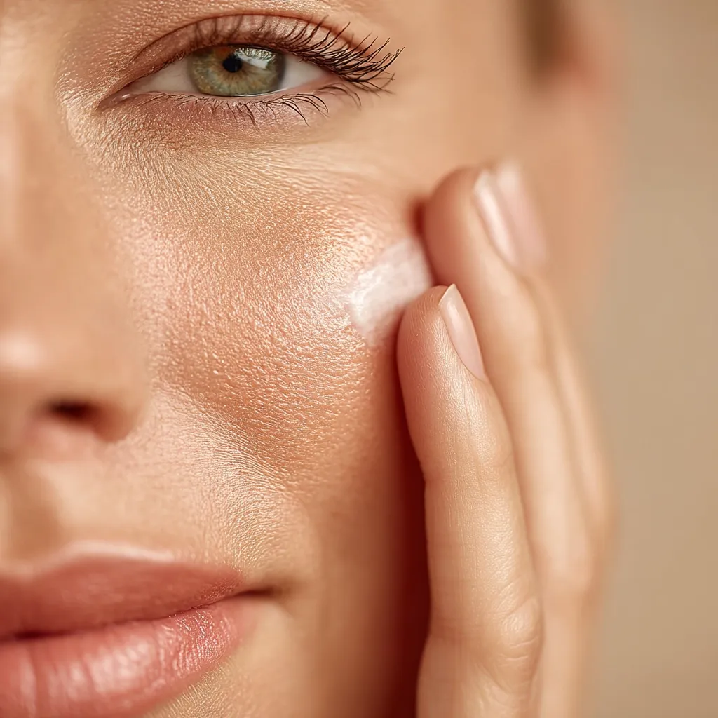 Close-up of a woman's face, applying a white cream to her cheek with her fingers.  Her skin appears smooth and healthy with a subtle, natural glow.  The image focuses on the application process, highlighting the texture of the cream and the skin.  The overall impression is one of skincare and beauty.