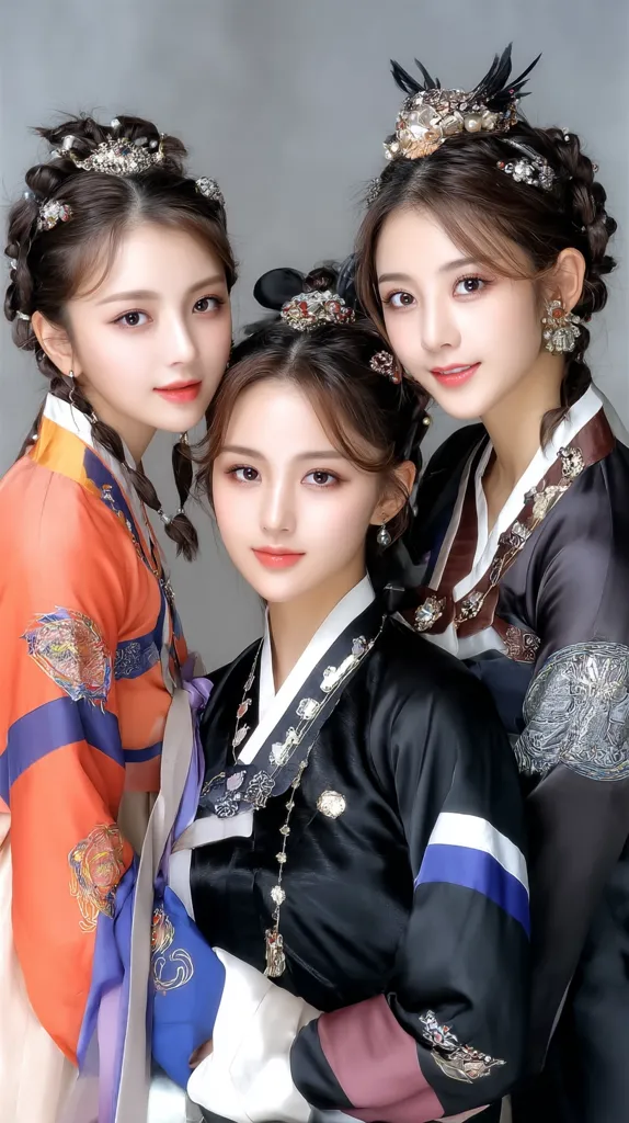 Three young women pose in traditional Korean Hanbok attire.  They wear elaborate hair ornaments and richly colored garments. The central figure is dressed in black with blue and maroon accents, while the women on either side wear more vibrant orange and blue hanboks.  The image conveys elegance and a sense of cultural heritage.