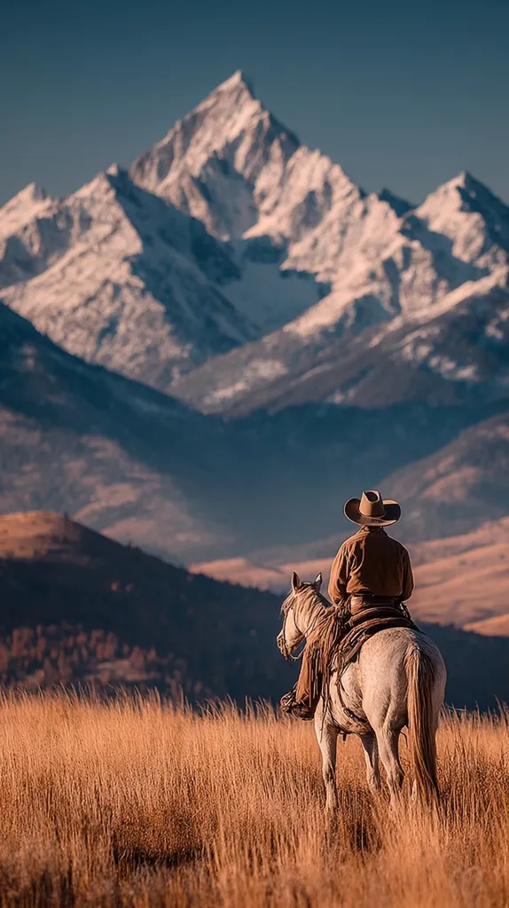 A lone cowboy on a light-colored horse sits atop a golden, grassy hill, gazing at a majestic snow-capped mountain range in the distance.  The vastness of the landscape emphasizes the cowboy's solitary figure against the dramatic backdrop of nature. The setting sun casts a warm glow over the scene, creating a peaceful yet awe-inspiring atmosphere.
