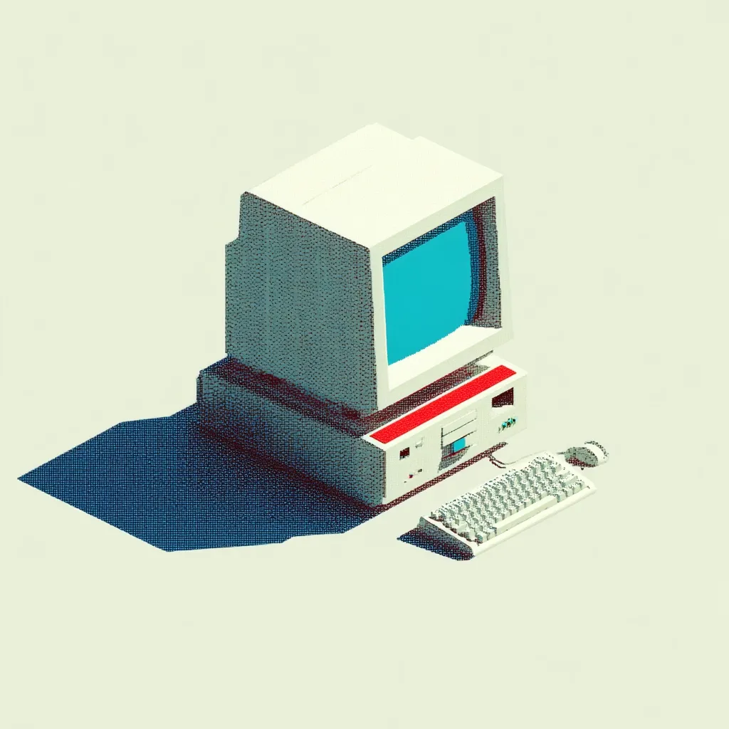 A retro-styled isometric illustration of a vintage desktop computer. The off-white computer features a boxy CRT monitor with a light blue screen, a separate keyboard, and a small mouse.  The style is reminiscent of 80s or 90s computer technology, presented with a slightly pixelated, low-poly aesthetic. A subtle shadow is cast beneath the computer.