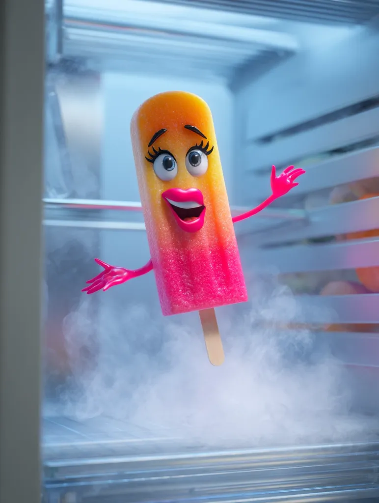 A cartoon popsicle with a cheerful face and pink arms floats in a refrigerator, emitting a cloud of cold vapor.  The popsicle is orange and pink, with large expressive eyes and a smiling mouth.  It's positioned mid-air, suggesting movement or a recent escape from the freezer's chill. The refrigerator shelves are visible behind it, partially obscured by the fog.
