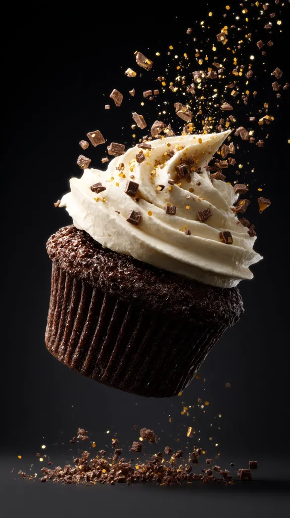 A chocolate cupcake with vanilla frosting is captured mid-air against a black background.  Chocolate shavings and gold sprinkles are scattered around it, creating a dynamic and visually appealing image suggesting movement and deliciousness. The cupcake appears rich and decadent, with a creamy swirl of frosting.