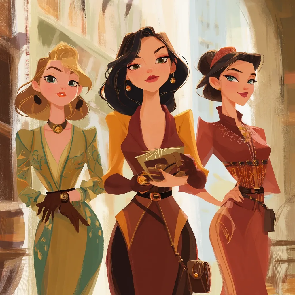 Three stylish women stand in a hallway, each in a distinct autumnal outfit.  The woman in the center holds a book, her dark hair cascading down.  To her left, a blonde woman wears an olive-green dress and gloves.  On the right, a brunette in a red-brown dress stands with a confident pose.  Their elegant attire and poised stances suggest a scene of sophistication and mystery.