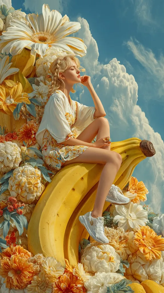 A young woman with blonde braids sits serenely atop a giant banana, nestled amongst a profusion of oversized yellow and white flowers.  She wears a floral dress and white sneakers, her eyes closed in peaceful contemplation against a bright, sunny sky with fluffy clouds. The scene is surreal and dreamlike, a vibrant explosion of color and texture.