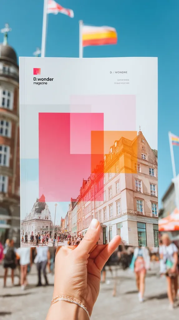 A hand holds a D.wonder magazine, showcasing a vibrant design with pink and orange geometric shapes overlaying a photo of a European city street.  The background features blurred buildings and flags, creating a sunny, travel-inspired atmosphere. The magazine's clean design and bright colors are eye-catching, suggesting a focus on lifestyle or travel content.