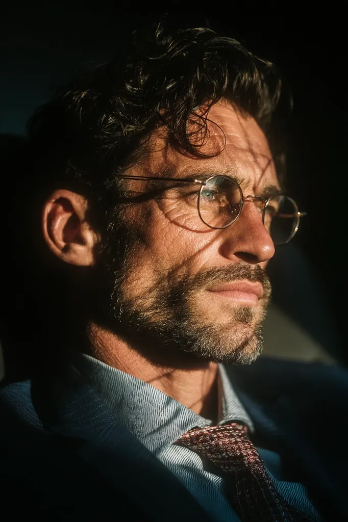 A man with dark, curly hair and a well-groomed beard wears round glasses.  Sunlight illuminates his face, casting shadows on his features. He's dressed in a blue suit and a light blue shirt, with a maroon patterned tie peeking from his collar. His expression is serious and contemplative, his gaze directed to the side. The overall mood is one of quiet intensity and sophistication.