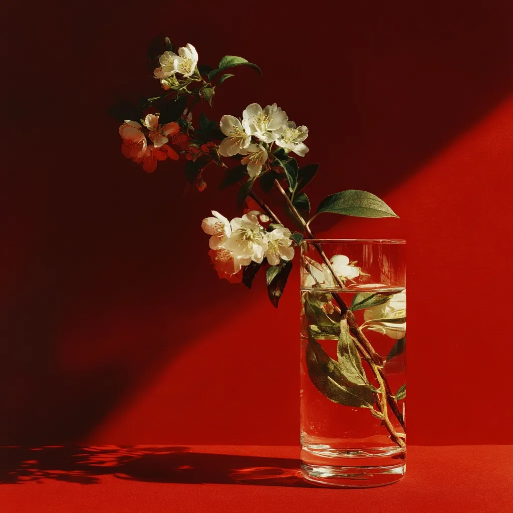 A sprig of delicate white blossoms, possibly apple or cherry, is arranged in a clear glass of water.  The vibrant red background creates a striking contrast with the pure white flowers and the simple elegance of the glass.  Sunlight casts a dramatic shadow across the red surface, adding depth to the still life composition. The overall image evokes a sense of calm and natural beauty.