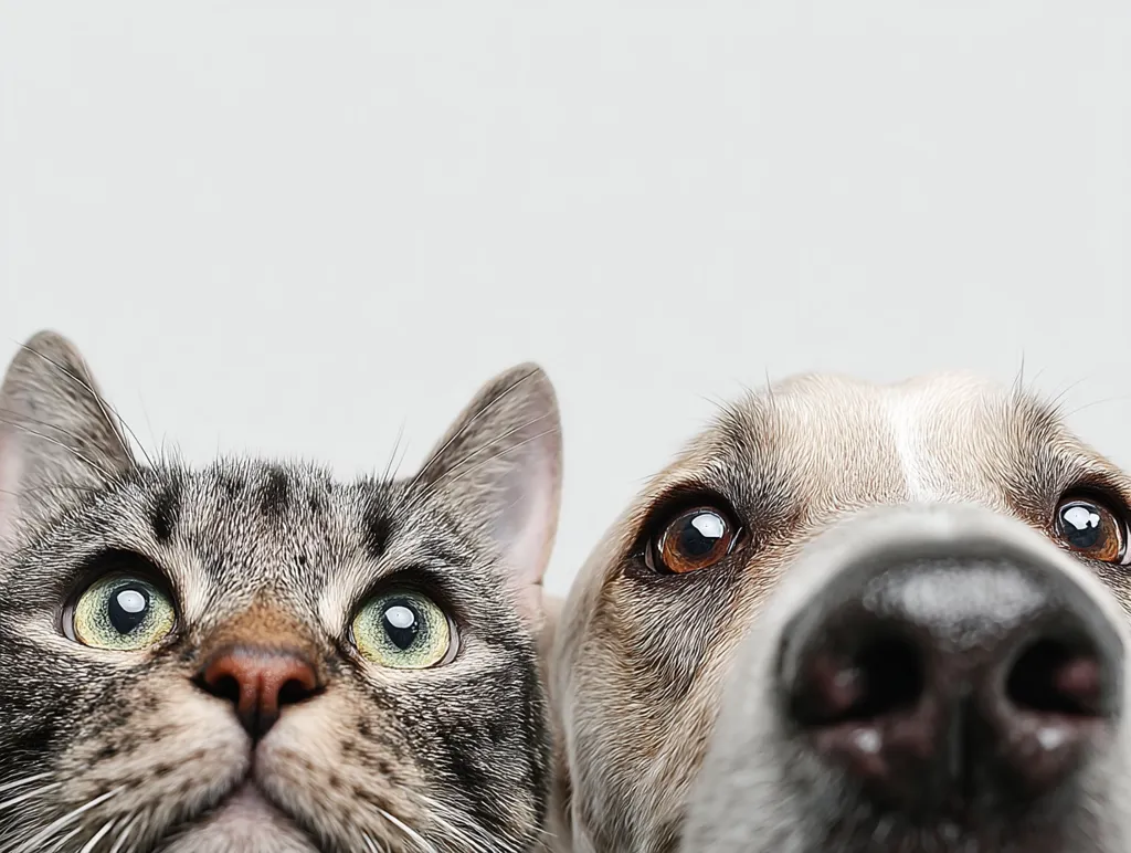 Close-up view of a tabby cat and a light-colored dog, both looking upward directly at the camera.  Their faces fill the bottom half of the frame, creating a playful, curious composition against a plain white background. The cat's wide, expressive eyes and the dog's large, soulful eyes are prominent features.