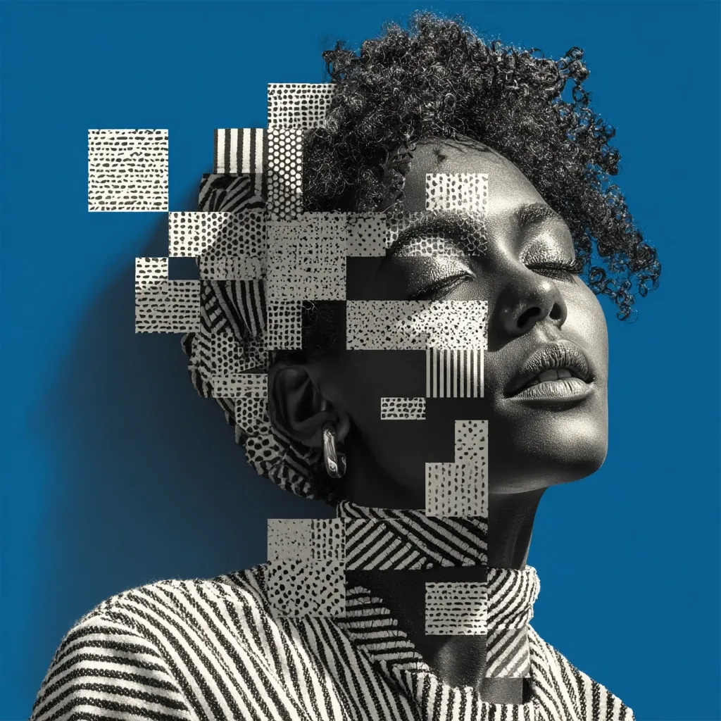 A stylized portrait of a Black woman with her eyes closed, set against a vibrant blue backdrop.  Her face is partially obscured by a fragmented overlay of black and white geometric patterns, creating a digital mosaic effect. The woman's clothing mirrors the abstract design, showcasing a blend of fashion and digital art. The overall image evokes themes of identity, technology, and artistic expression.