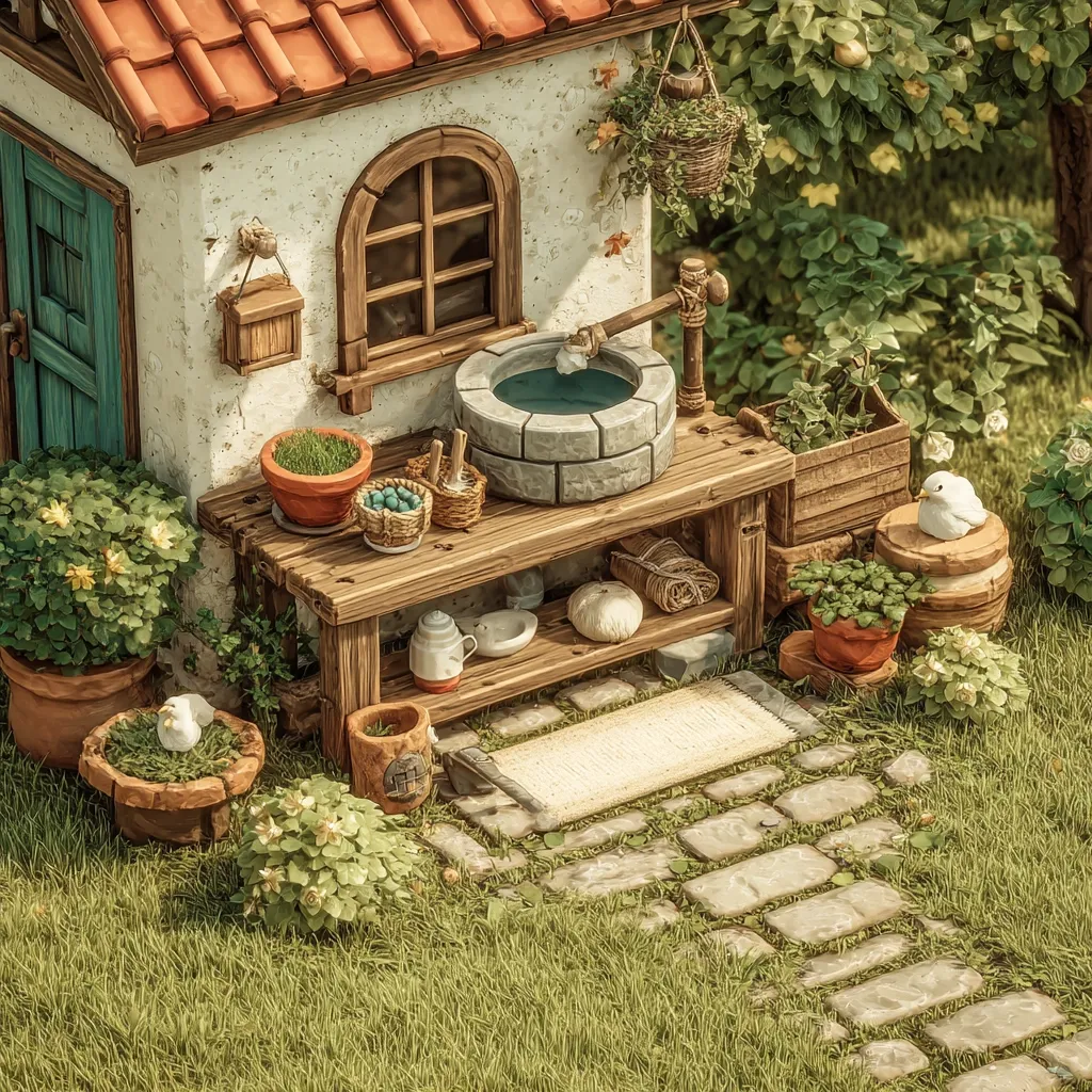 A charming miniature cottage scene features a quaint stone well, a rustic wooden worktable laden with gardening tools and supplies, and various potted plants.  Two small white birds rest near terracotta pots. A stone pathway leads away from the cottage, nestled within a lush green lawn. The overall style evokes a peaceful and idyllic countryside setting.